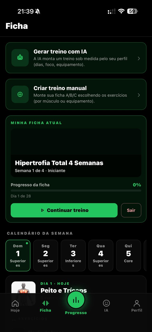 A IA gera o treino sob medida na aba Ficha